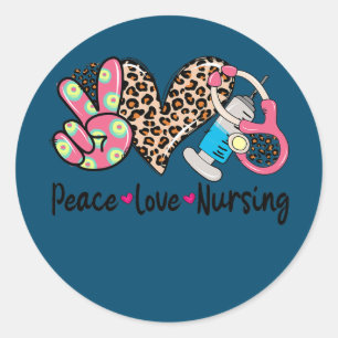 Sticker Rond Peace Love Nursing Stethoscope Leopard Cute Nurse