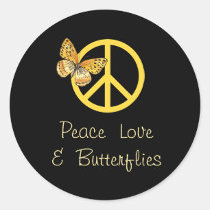 Sticker Rond Peace Love & Papillons