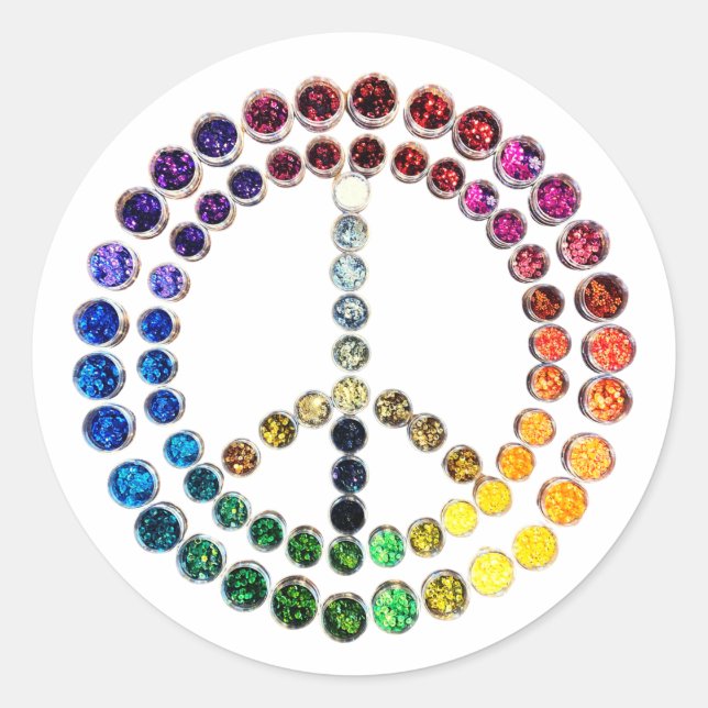 Sticker Rond Peace Love Parties scintillant Confetti Arc-en-cie (Devant)