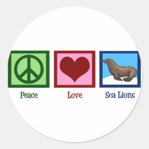 Sticker Rond Peace Love Sea Lions