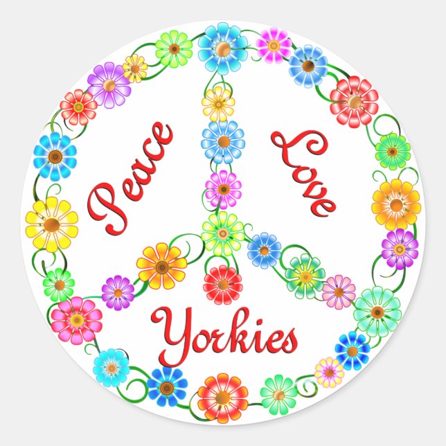 Sticker Rond Peace Love Yorkies (Devant)
