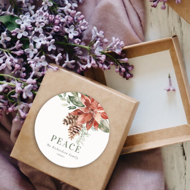 Sticker Rond Peace Poinsettia Bund'aquarelle Pine Noël (Créateur téléchargé)
