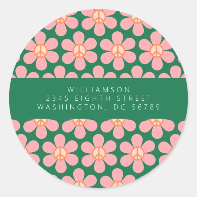 Sticker Rond Peace Sign Flower Green Pink Douche Adresse de ret (Devant)