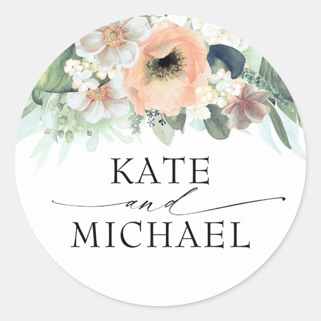 Sticker Rond Peach Blush rose et blanc Fleurs Jardin de printem (Devant)
