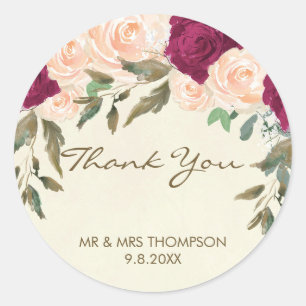 Sticker Rond peach burgundy floral merci les faveurs autocollan