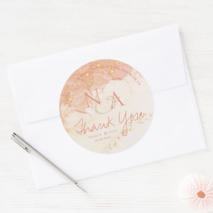 Sticker Rond Peach Gold Marble Cute Monogramme Mariage Merci