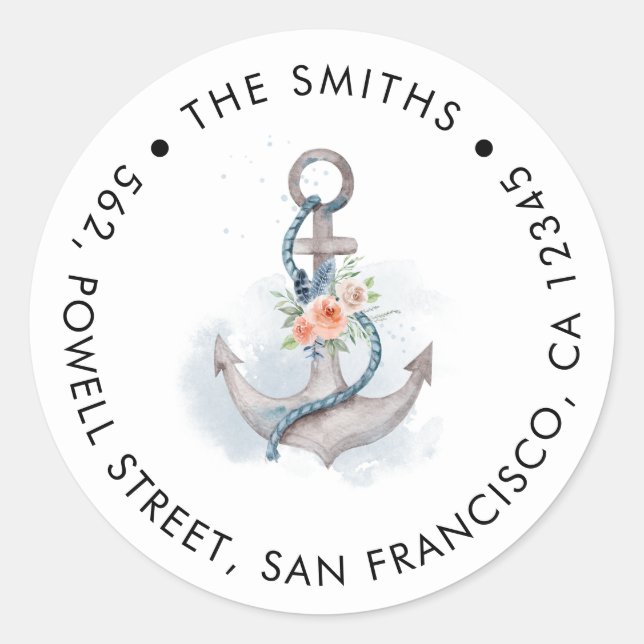 Sticker Rond Peach Pink Floral Ancre Adresse de retour (Devant)