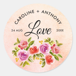Sticker Rond Peach rose rouge Aquarelle Mariage Floral
