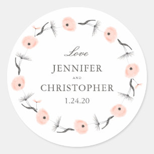 Sticker Rond Peach Watercolor Dandelion Mariage Personnalisé Fa