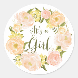 Sticker Rond Peach Watercolor Peonies Baby shower de couronne