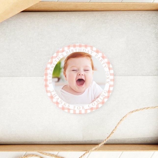 Sticker Rond Peachy 1st Birthday Kids Photo Merci D'Être Venu (Créateur téléchargé)