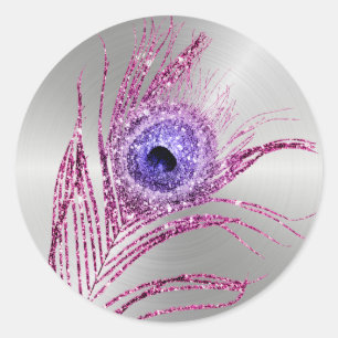 Sticker Rond Peacock Feather Purple Mauve Parties scintillant