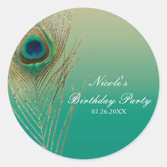 Sticker Rond Peacock Feather Sand et Turquoise Boho Party Favor (Devant)