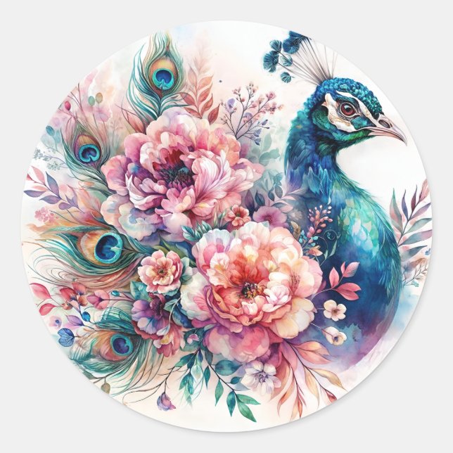 Sticker Rond Peacock Floral Aquarelle Portrait (Devant)