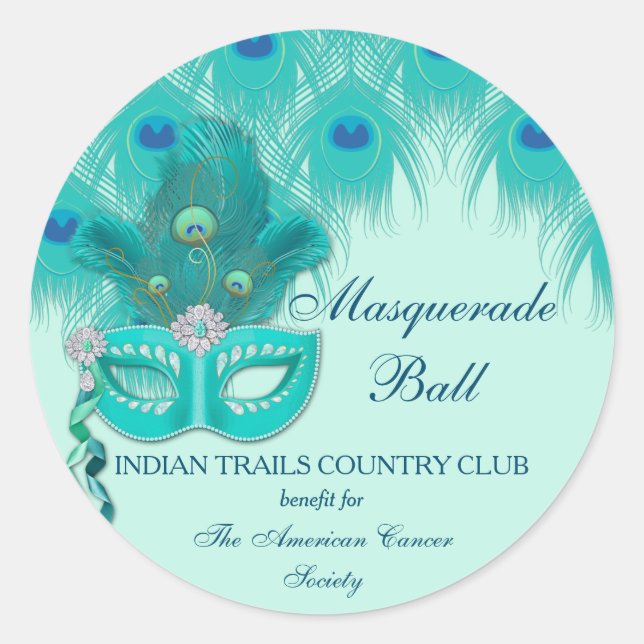 Sticker Rond Peacock Masquerade Party Ball Turquoise Plumes (Devant)