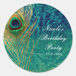 Sticker Rond Peacock Plumes Bleu Turquoise Or Exotique Personna
