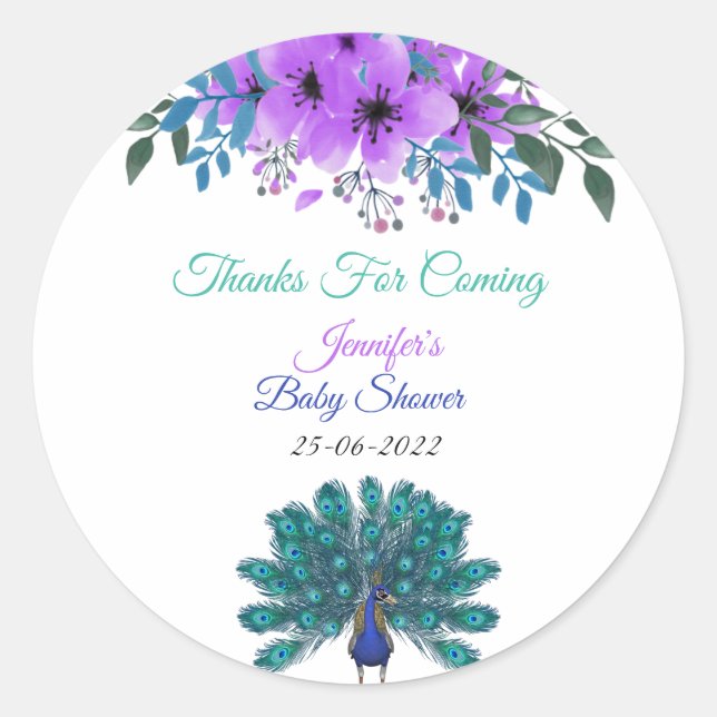 Sticker Rond Peacock vert et bleu | Fleurs d'aquarelle violette (Devant)