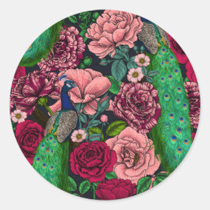 Sticker Rond Peacocks dans le jardin rose 2