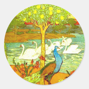 Sticker Rond Peacocks et Swans Art Nouveau