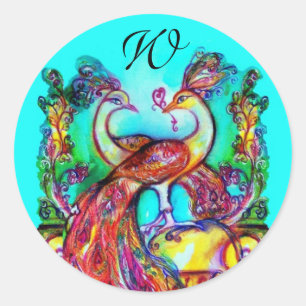 Sticker Rond PEACOCKS IN LOVE MONOGRAM rouge bleu turquase vert
