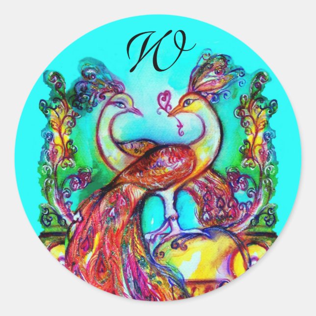 Sticker Rond PEACOCKS IN LOVE MONOGRAM rouge bleu turquase vert (Devant)