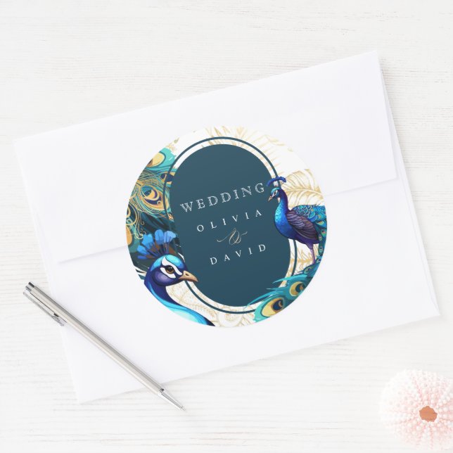 Sticker Rond Peacocks Plumes Mariage (Enveloppe)