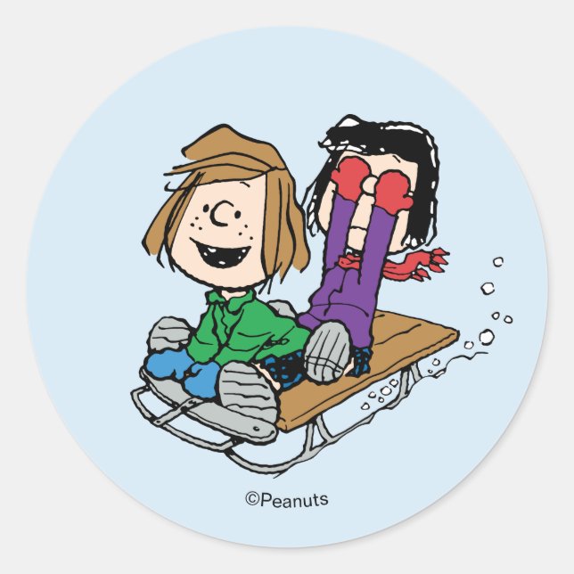 Sticker Rond Peanuts | Peppermint Patty & Marcie Sled Riding (Devant)