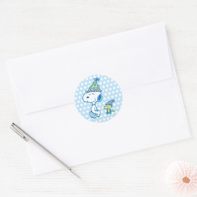 Sticker Rond PEANUTS | Snoopy & Woodstock Pois (Enveloppe)
