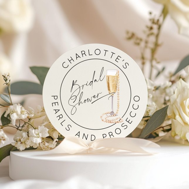 Sticker Rond Pearles et Prosecco Écriture moderne Douche nuptia (Créateur téléchargé)