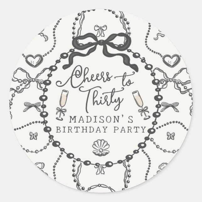Sticker Rond Pearls Prosecco Black Coquette Bow Anniversaire Fa (Devant)