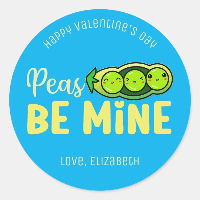 Sticker Rond Peas Be Mine Funny Pun mignon Saint Valentin Bleu (Devant)