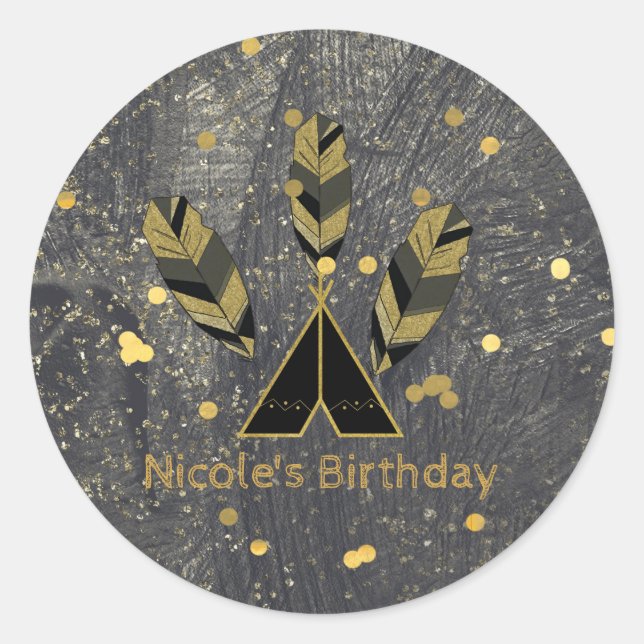 Sticker Rond Peau et tepee d'or noir Boho Glam (Devant)