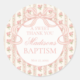 Sticker Rond Pêche & Beige Vintage Floral Élégant Baptême Rond
