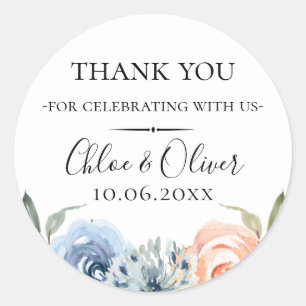 Sticker Rond Pêche Bleu Botanique Floral Mariage Favoriser
