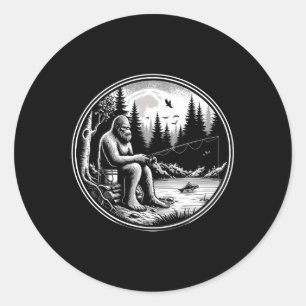 Sticker Rond Pêche de Bigfoot Lac Sasquatch Pêcheur Drôle de Po