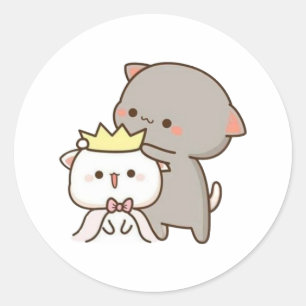 Sticker Rond Pêche Et Chat Goma Mochi