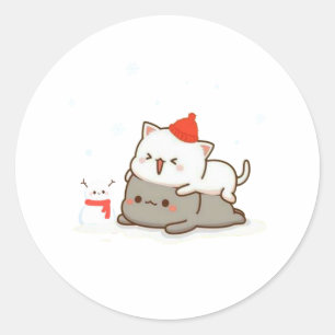 Sticker Rond Pêche Et Goma Mochi Chat, Joyeux Noël