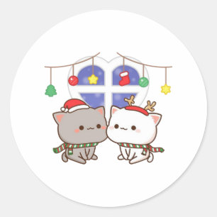 Sticker Rond Pêche Et Goma Mochi Chat, Joyeux Noël