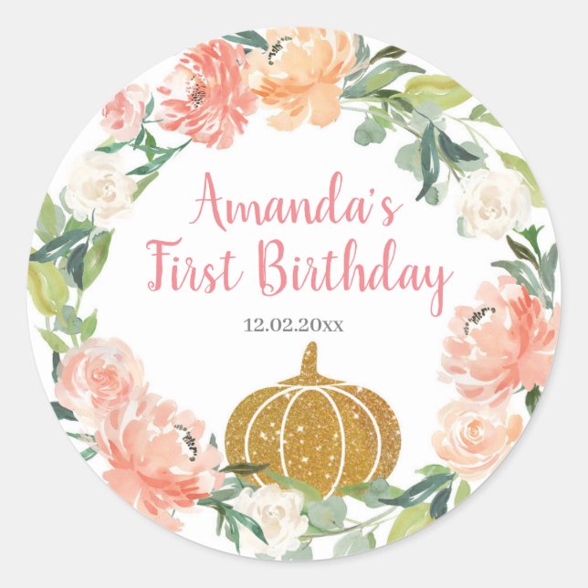Sticker Rond Pêcher Floral Notre Petit Citrouille Anniversaire (Devant)