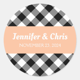 Sticker Rond Pêcher noir et blanc Buffalo Plaid Mariage