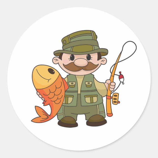 Sticker Rond Pêcheur de dessin animé avec Gros Catch Funny Fish (Devant)