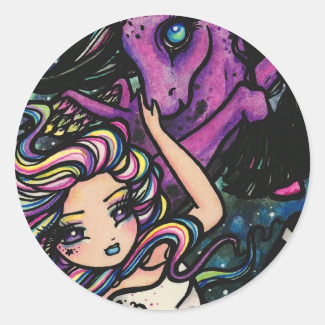 Sticker Rond Pegasus Cosmic Rainbow Star Fairy Girl Imaginaire (Devant)