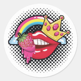 Sticker Rond pegatina,boca roja con frutilla, corona y arcoiris