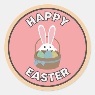 Sticker Rond Pegatina de felices pascuas con canasto y conejo