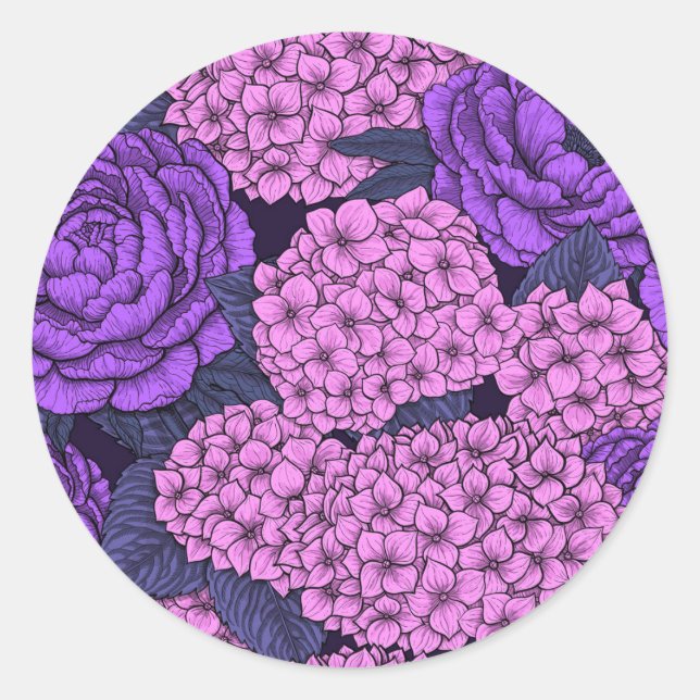 Sticker Rond Peine et hydrangée en rose et violet (Devant)