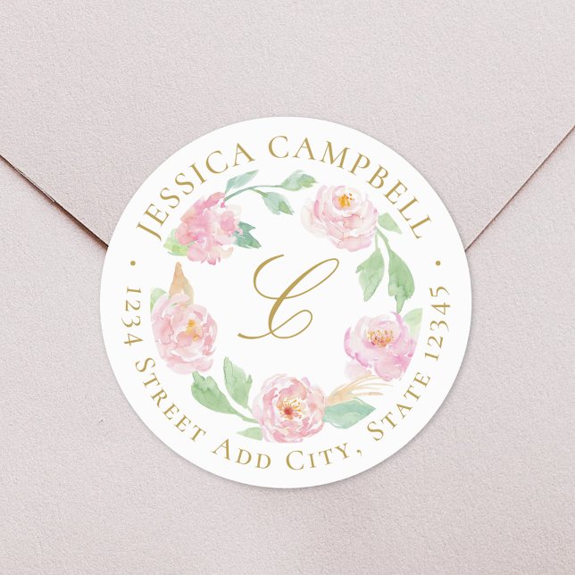 Sticker Rond Peine rose or rose couronne florale Adresse person (Créateur téléchargé)