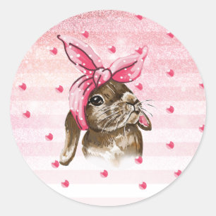 Sticker Rond Peint à la main Bunny rose