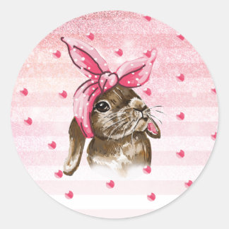 Sticker Rond Peint à la main Bunny rose
