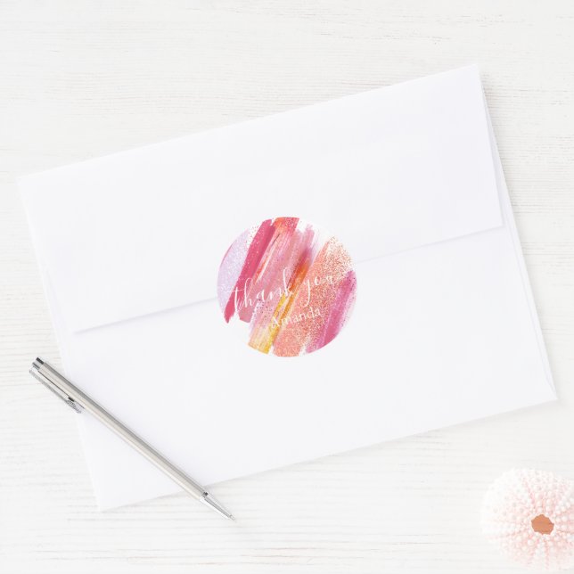 Sticker Rond Peint rose & or moderne Merci personnalisé (Enveloppe)