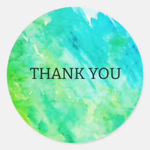 Sticker Rond Peinture Aquarelle Abstraite Bleu Vert Merci